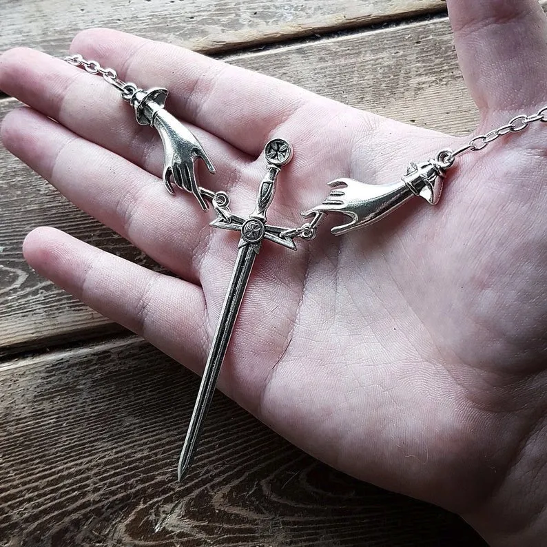 Sword Hand Necklace Pendant Gothic Jewelry Dark Dagger Charm Men Women Gift Creativity Statement Satanic Long Fashion 2021 New