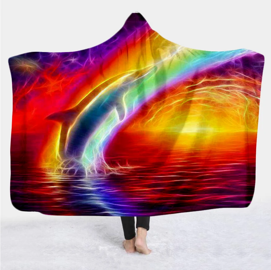 

Plstar Cosmos Cute dolphin colorful Blanket Hooded Blanket 3D full print Wearable Blanket Adult men women Blanket style-5