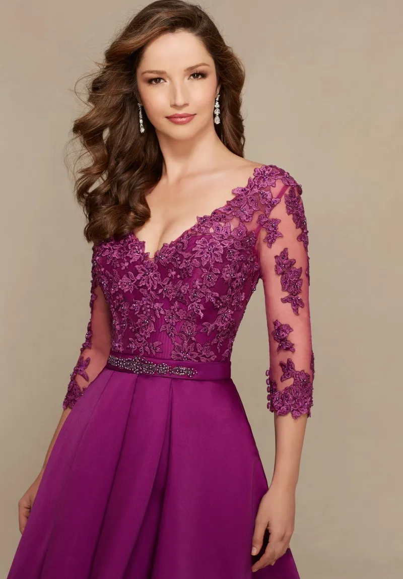 Innovative robe de soiree V Neck Plum Beige Vestid de Festa Evening gown 3/4 Sleeves Lace 2018 Mother of the Bride Dresses