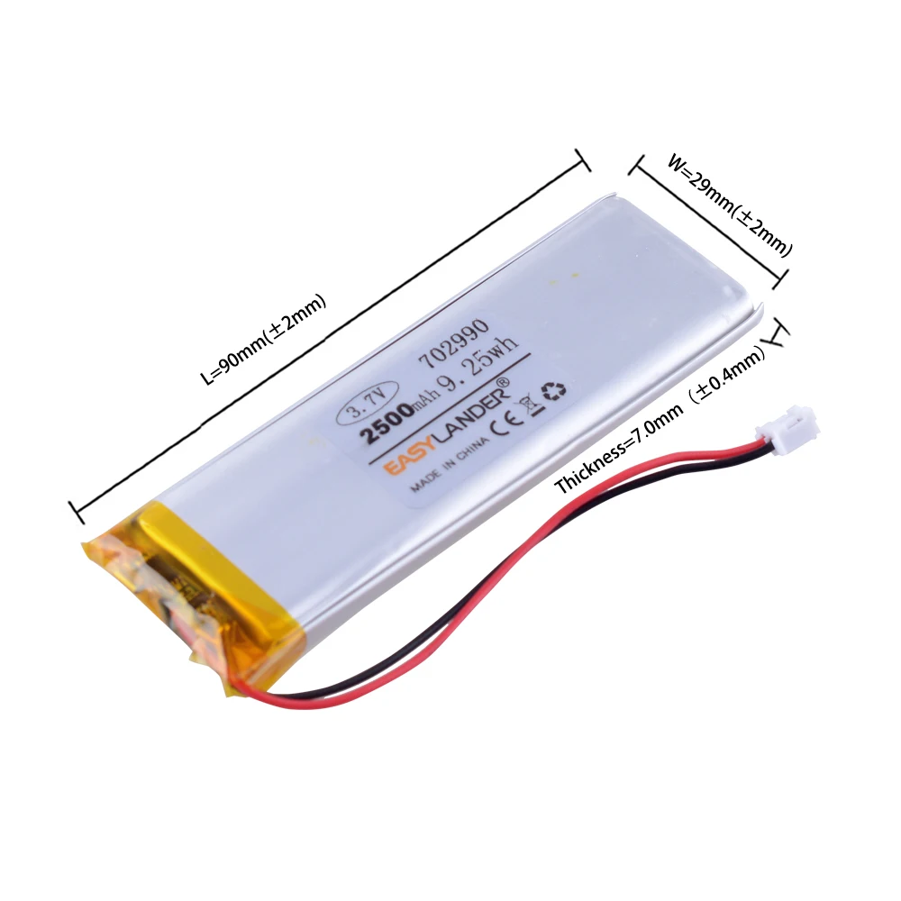3.7v 2500mAh Polymer lithium battery 702990 bar LED lamp rechargeable toy medical equipment Hunting dog GPS battery 703090