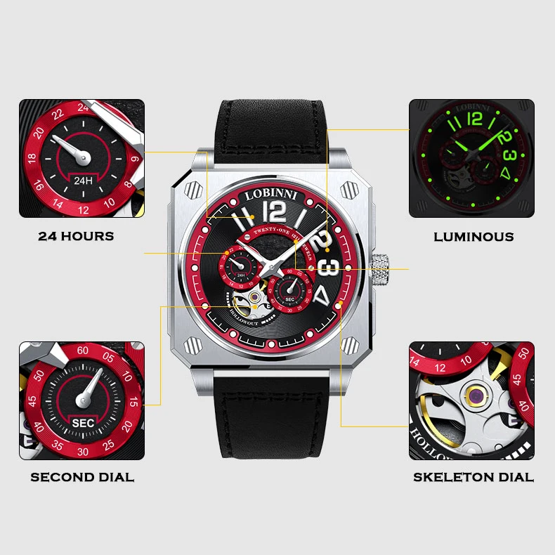 

LOBINNI Mens Automatic Watches Luxury Watch Mechanical Wristwatch Skeleton Waterproof Luminous Sapphire Square Case Leather Band