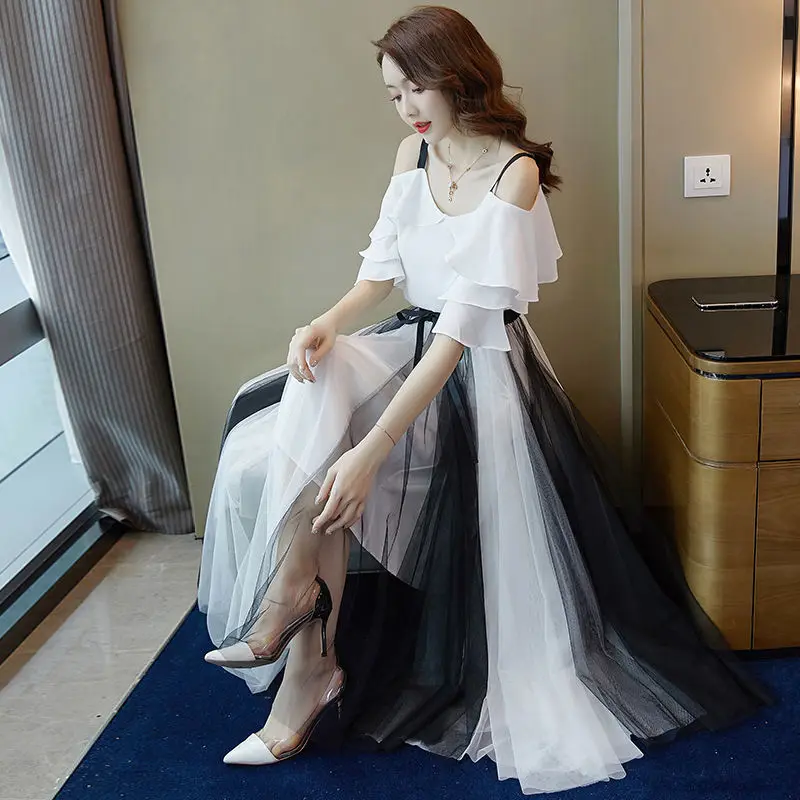 New Chiffon Off-the-shoulder White Top+black And White Stitching Long Pleated Tulle Skirts Two Piece Set High Waist Mesh Skirts