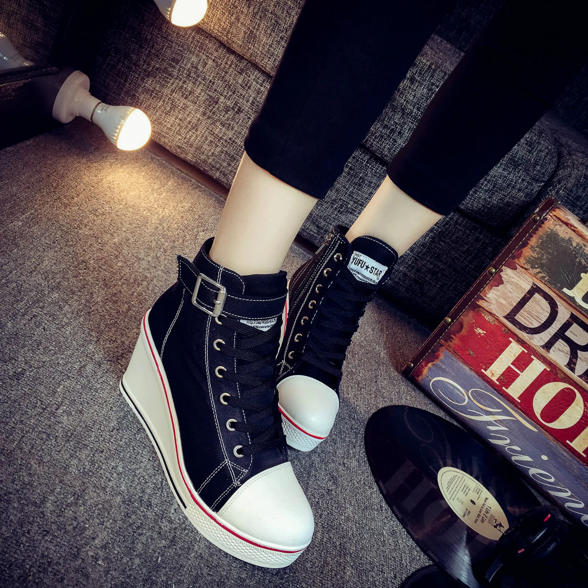 Heighten 8cm Platform Wedges Shoes Woman Canvas Round Toe Side Zipper Casual Fashion Retro Office Lady Brand Design High Quality