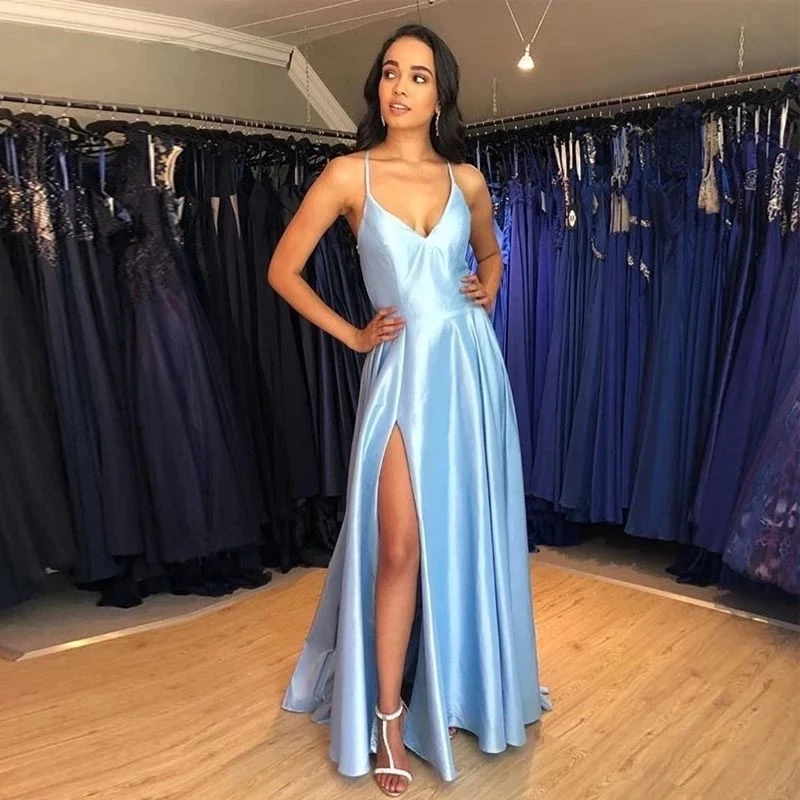 

Simple Long Evening Dress Light Sky Blue Satin Vestido De Noite Crisscross Back Women Occasion Formal Evening Party Gowns