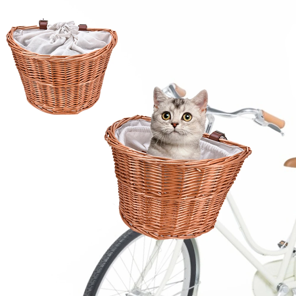 New Bicycle Basket Wicker Woven Bike Front Handlebar Pet Dog Cat Basket Small Container For Pet Carrier Shopping Drawstring Bag