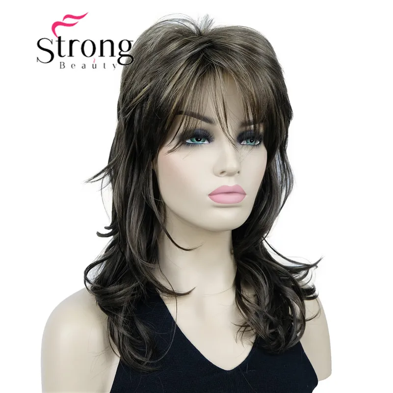 StrongBeauty Brown Highlighted Long Wavy Soft Layered Shag Synthetic Wig for Women