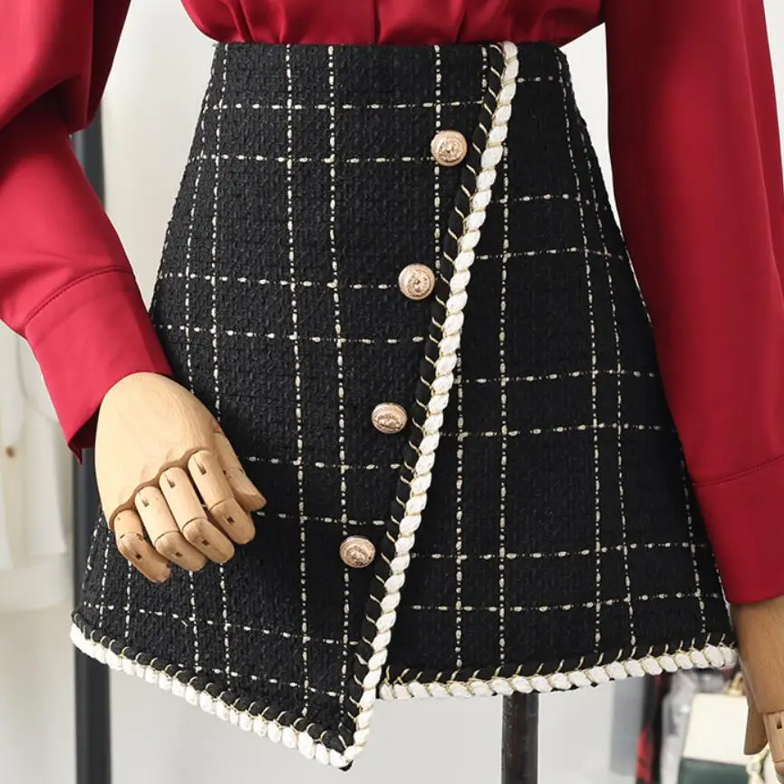 Autumn winter tweed woolen skirt women irregular small fragrance package hip mini skirts