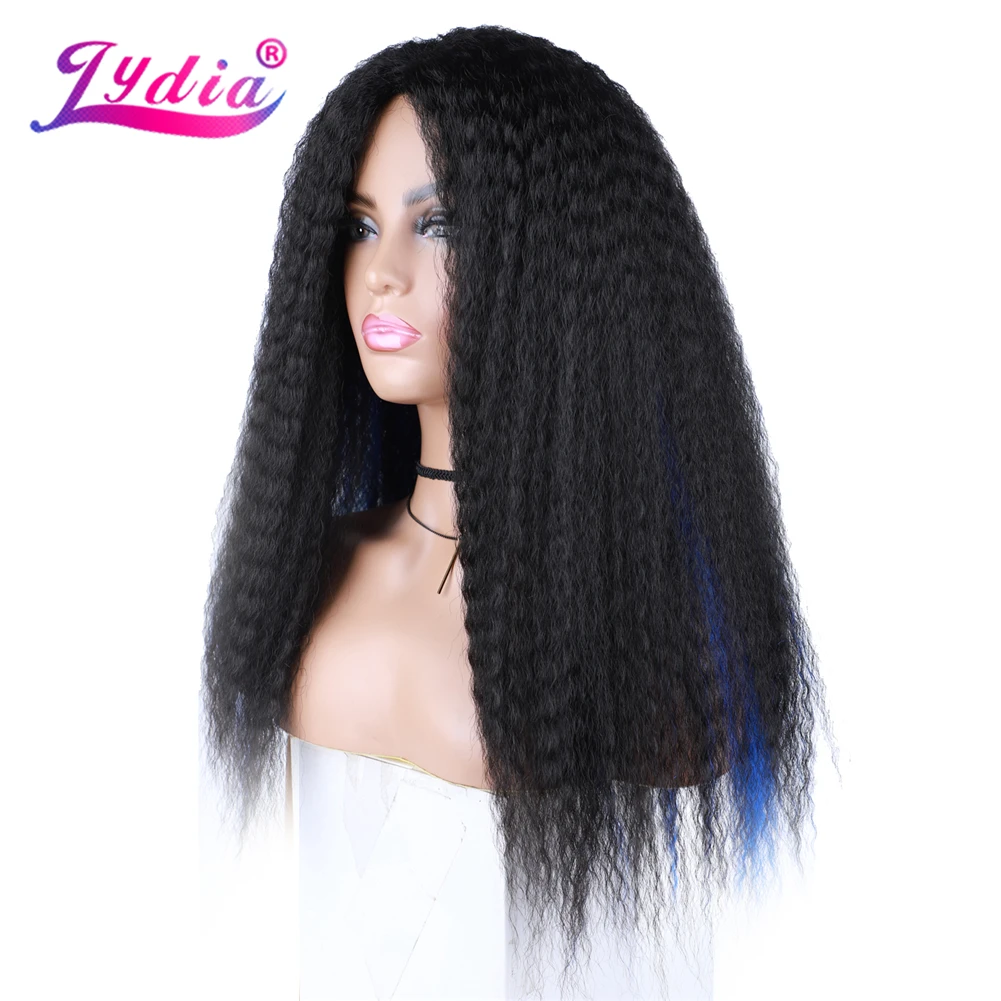 Lydia-Long Kinky Straight peruca de cabelo sintético para mulheres afro-americanas, linha de cabeça preta, afro encaracolado, cor mista, 18-22