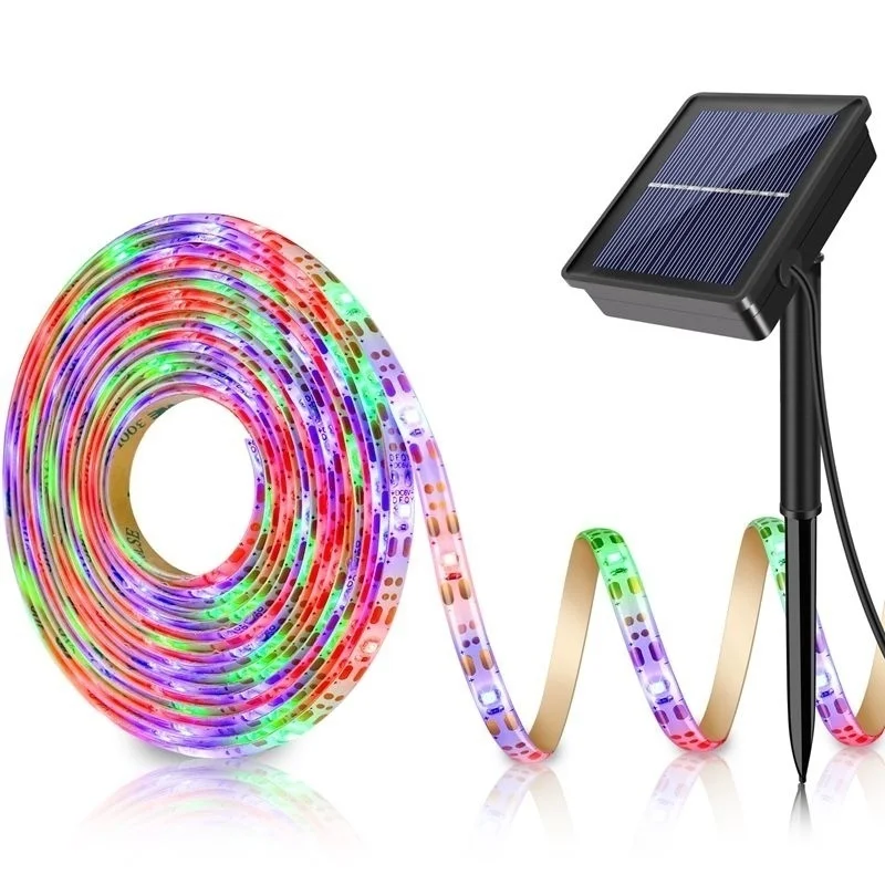 Imagem -02 - Rgb Solar Powered Led Light Strip 150 Leds 2835 Smd ao ar Livre Impermeável Ip65 Flexível Luzes de Corda Ajustáveis Ribon Tape Lamp 5m