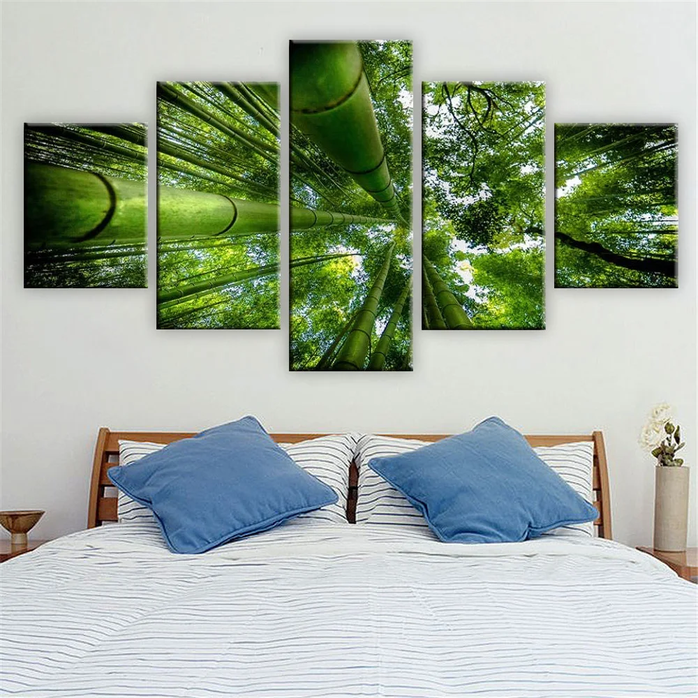 Canvas Wall Art 5 Piece Posters Bamboo Forest Scenery Decor Painted Home Room Modular Decor Pictures Modern Living Decoration