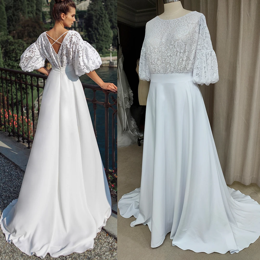 Robe de mariée classique en Satin, demi manches, haut en dentelle, col bateau, ligne A, pour la plage, avec Train, perles croisées, sur mesure