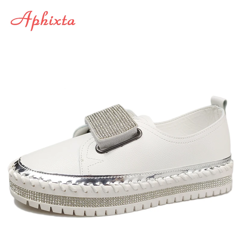 Aphixta Luxury Crystals Hook & Loop Round Toe Flats Women 3cm Chunky Sole Platform Casual Female Rhinestone Shoes Big Szie 43