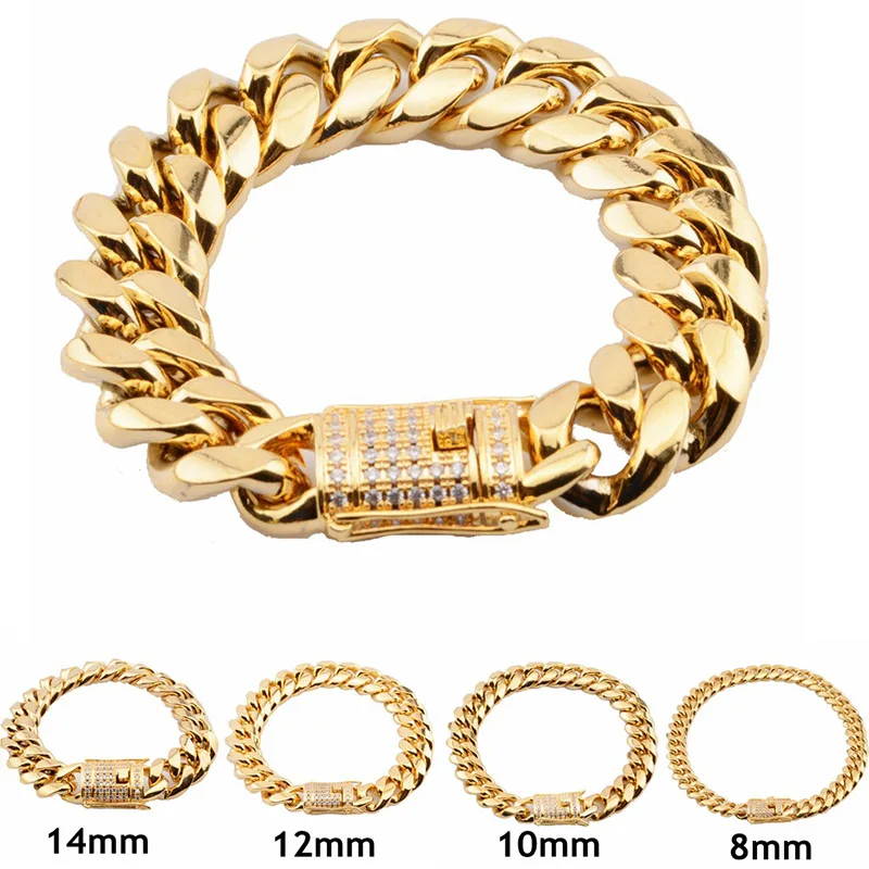 Trendy Men Unisexs Cuban Miami Bracelet Rhinestone Clasp Lced Out Gold Tone Jewelry Stainless Steel Chain Wristband 7