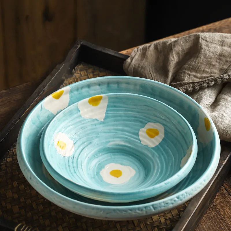 Ceramic Bowl Tableware Japanese Style Blue Flower Rice Bowl Household Ramen Bowl Fruit Salad Bowl Kitchen Restaurant Supplies