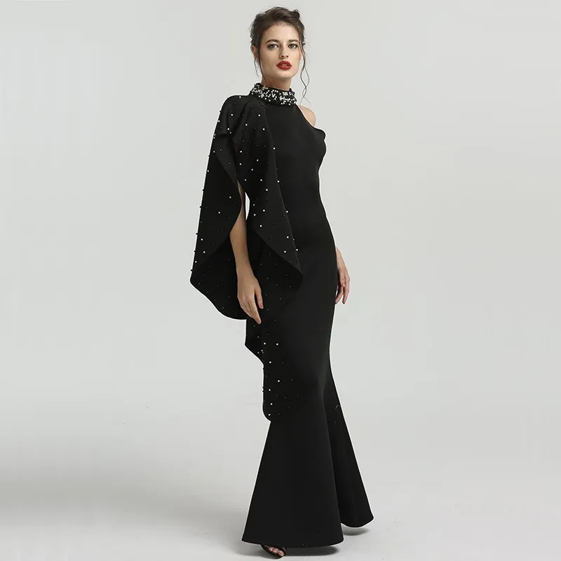 Vestido De noche De sirena con cuello alto y perlas, elegante, sin mangas, largo, Formal, árabe, color negro, 2022