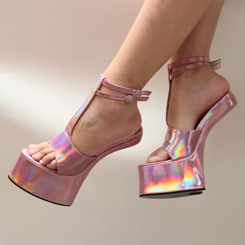 JIALUOWEI 18CM Special Horse High Heel Holographic Platform Sandals Size36-46