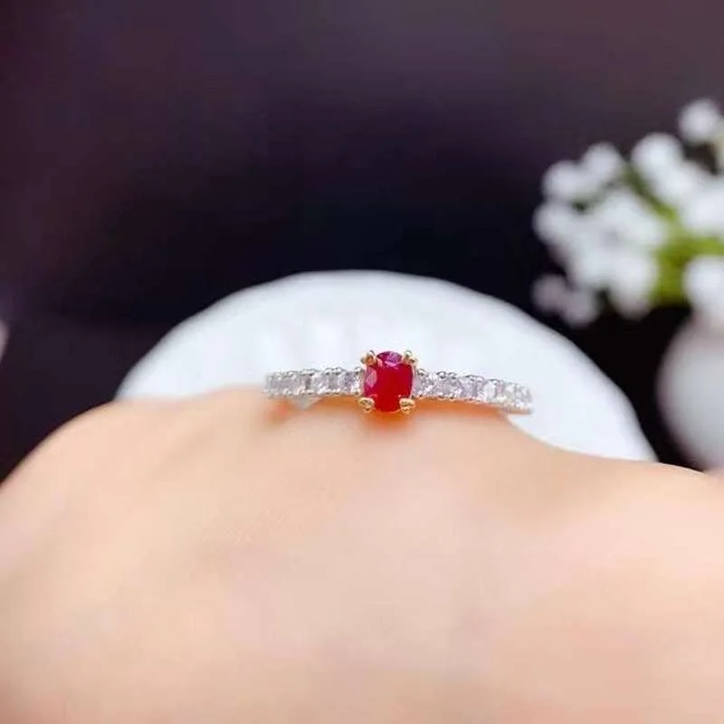 Simple 925 Silver Ruby Ring for Engagement 3 Mm * 4Mm VS Grade Natural Ruby Silver Ring Sterling Silver Ruby Jewelry Girl Gift