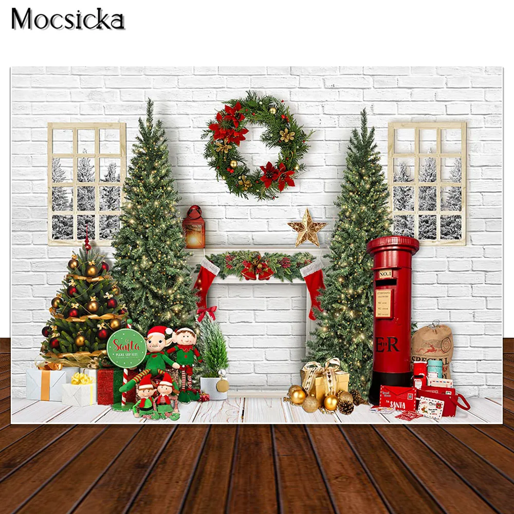 Brick Wall Christmas Backdrop Kids Portrait Photography Winter Xmas Tree Photocall Forest Toys Gifts Photo Props Photostudio