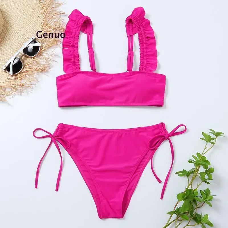 Sexy Red Ruffled Frilled Bikini Female Swimsuit Women Swimwear Two-Pieces Bikini Set Mid Waist Bather Bathing Suit Swim