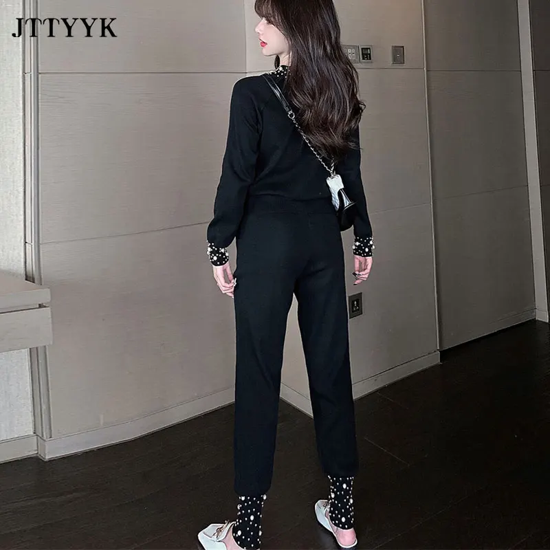 Women 2 Piece Spring Knitted Set Black Trouser Suits Beading Zipper Jacket + High Waist Pants Sports Suits Two-Piece Set Ladies