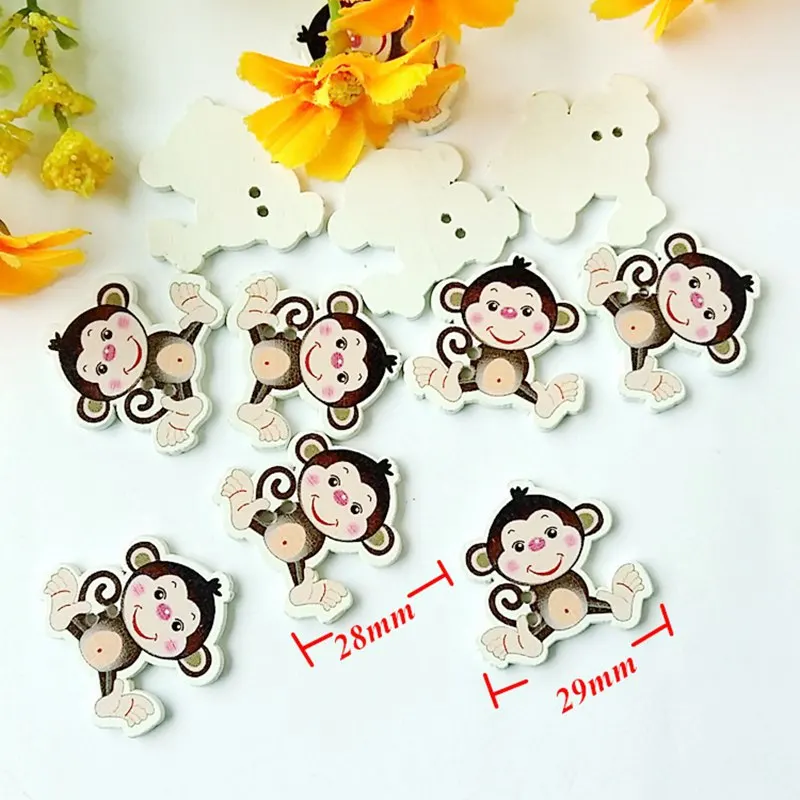Paquete de 20 Botones de Tela con Diseño de Mono para Niños, Botones de Madera para Manualidades, Decoraciones de Scrapbooking, 28*29mm