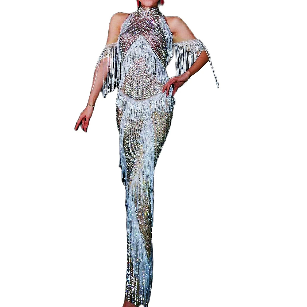 

Luxury Sparkly Diamonds Women Off Shoulder Long Dresses Silver Shining Tassel Singer Dance Stage Wear Bar Nightclub Outfit