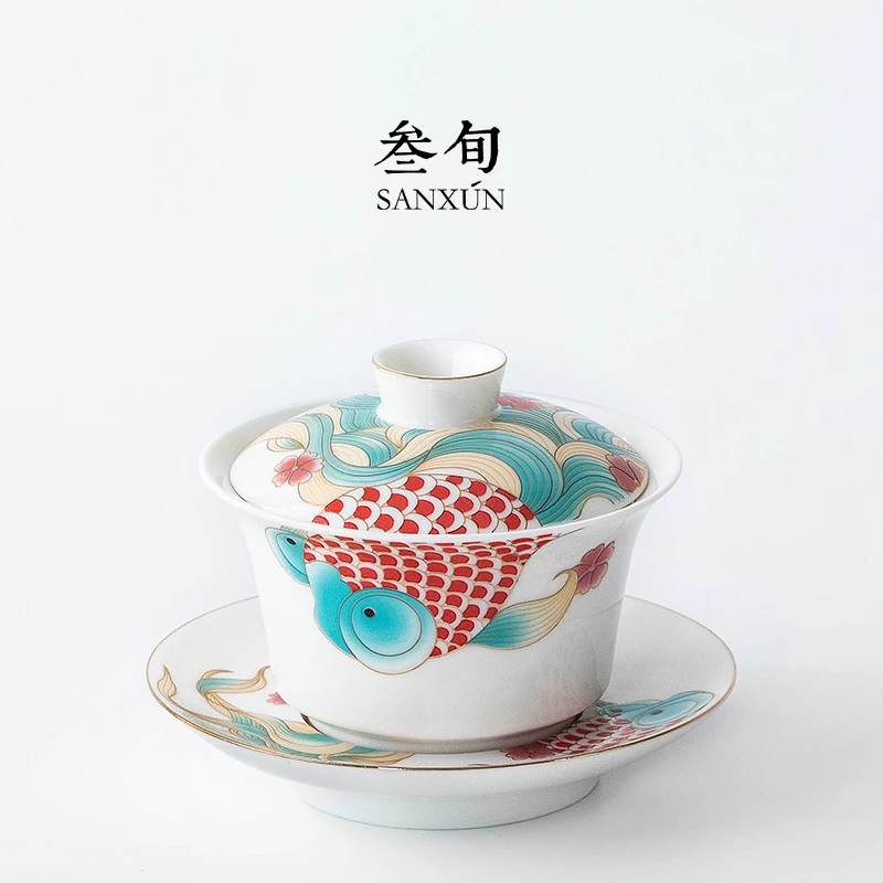 |Three ten-day palace fish into one white porcelain tureen only a single large three cups tureen kung fu tea tea bowl