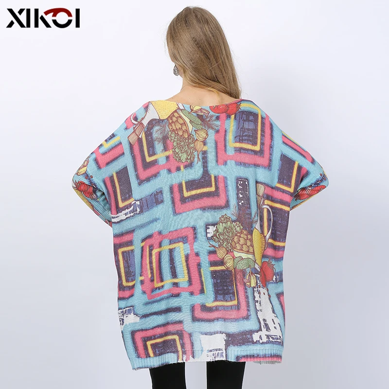 New Novel Fruit Maze Knitted Sweater Women Winter Jumper Patchwork Print Oversized Dress O-neck Wool Pull Femme Loose Pullovers