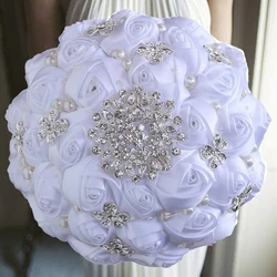 1pc/lot White Wedding Bouquet Ivory Satin Rose Artificial Flowers Brooch Marriage Rhinestone Bridal Bridesmaid Bouquets