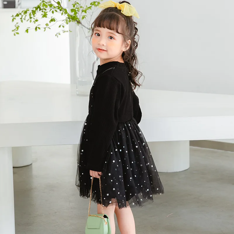 

Autumn 2020 Girls New Dress Fake Two Pieces of Children's Yarn Skirt Sequined Long Sleeve Princess Skirt