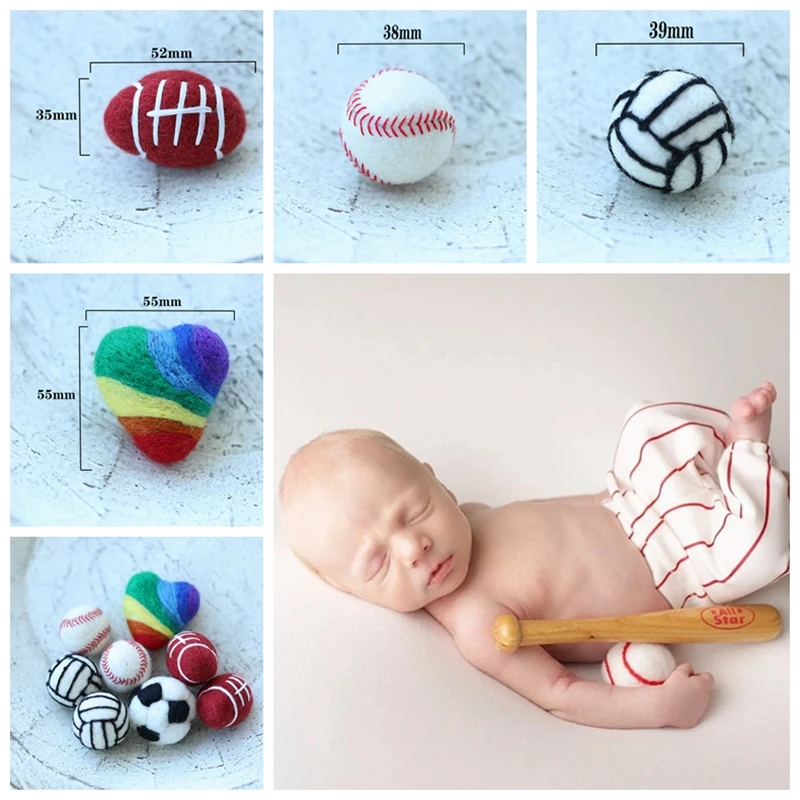 Handmade Felted Wool Football Newborn Toy Photography Props Accessories Stuffed Sport Ball Rainbow Heart Baby Photo Shoot Studio