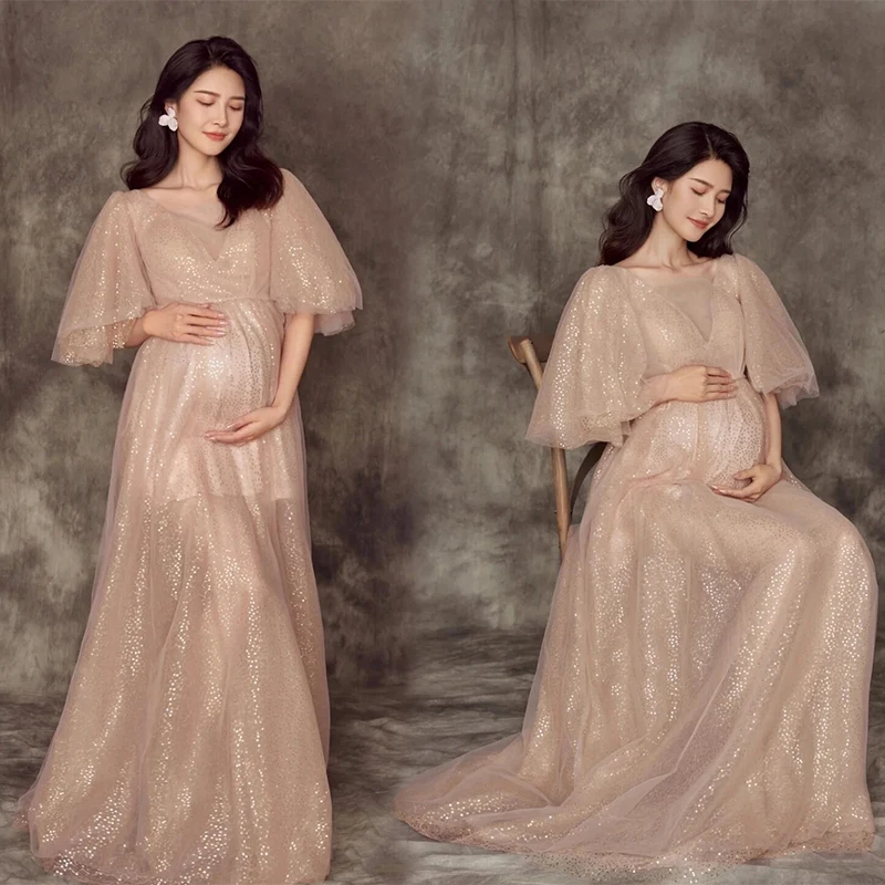 

Women Photography Props Perspective Blingbling Maternity Dresses Full Sleeves Pregnancy Dress Studio Shoot Photo Props