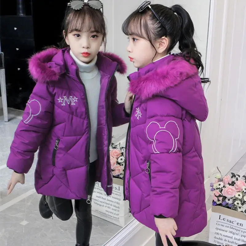 Winter Girls Teenager Windbreaker Coat Keep Warm Hooded Jacket For Girl Fur Collar Plus Velvet Long Style Outerwear 4-12 Years