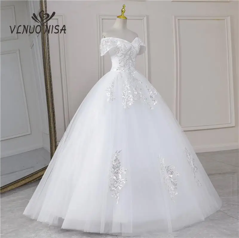 Real Video Off Shoulder V Neck Wedding Dress Plus Size Vestido Noiva Luxury Sequined Bead Lace Embroidery Princess Bridal Gown