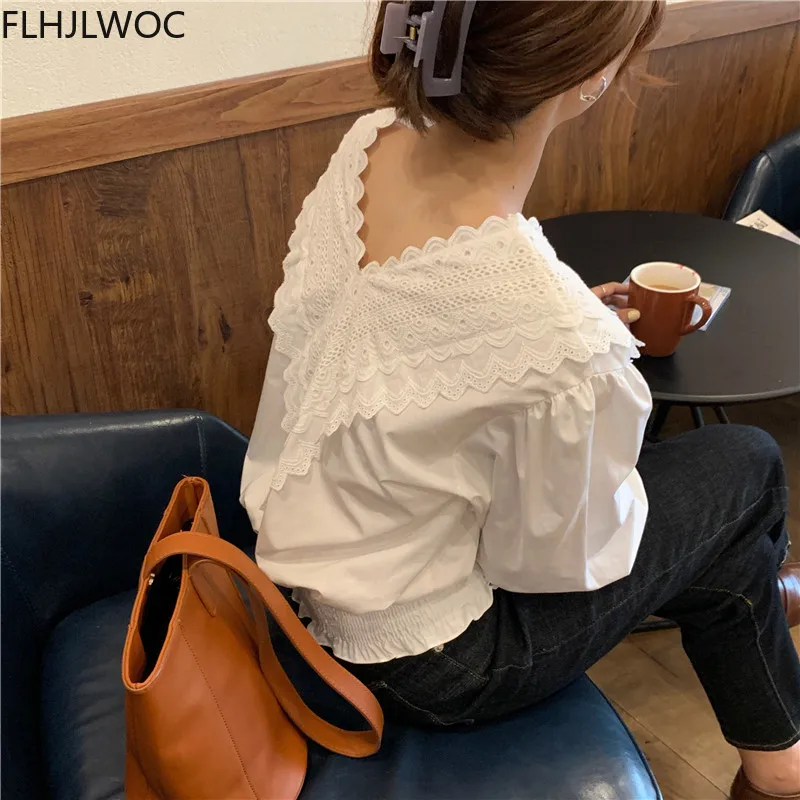 2021 Spring Women Fashion V Neck Preppy Style Girls Solid Hollow Out Lace Casual Loose Tops Single Breasted Button White Shirt