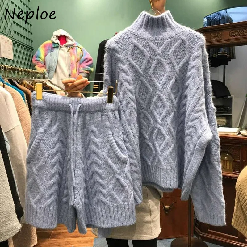 Neploe Casual Sweater Short Suits Women Turtleneck Long Sleeve Tops + Solid Color Knitted Casual Shorts Woman Two-piece Suit