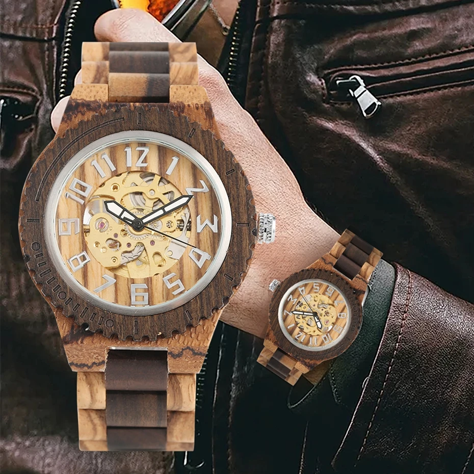 Top Luxury Retro Automatic Wood Clock Men's Watch Full Wooden Watchband 12 Hours Display Self Winding Mechanical Watches for Men