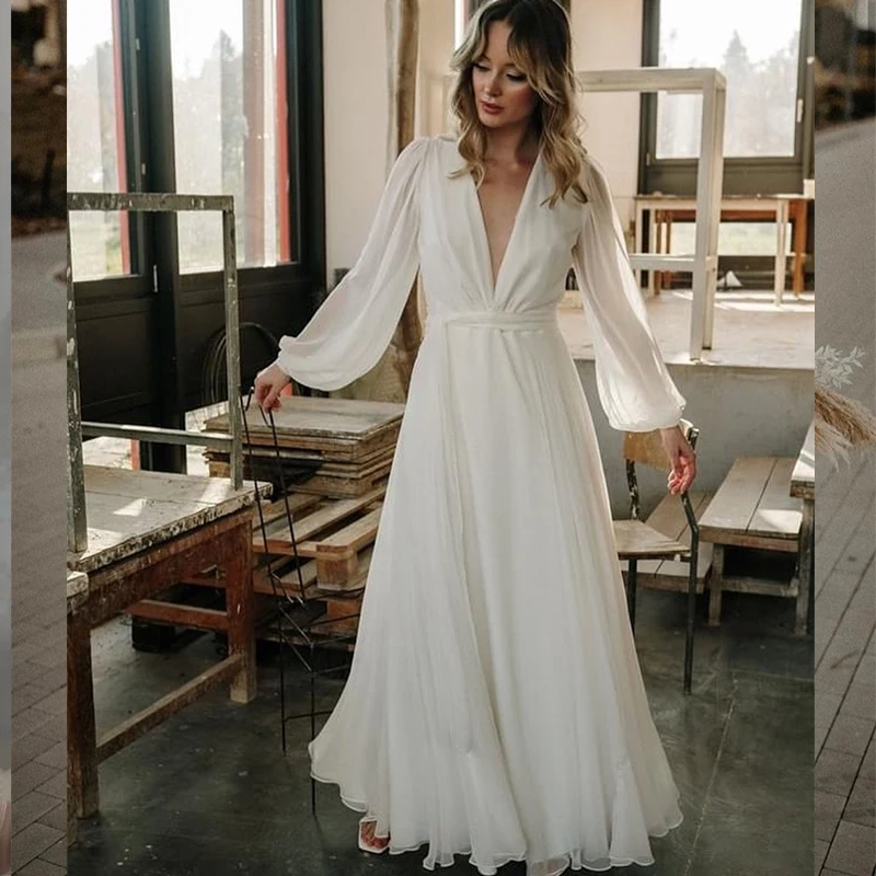 

Elegant Wedding Dress V-Neck Long Sleeve Floor Length Bohemian Robe De mariee Charming For Women Brides Gown Elegant Civil