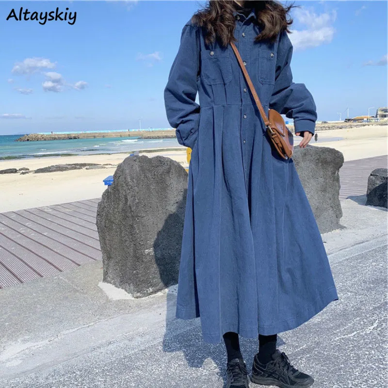 Long Sleeve Dress Women A-Line Simple Casual Button Female Mid-Calf Solid Turn-down Collar Empire All Match College Spring Retro