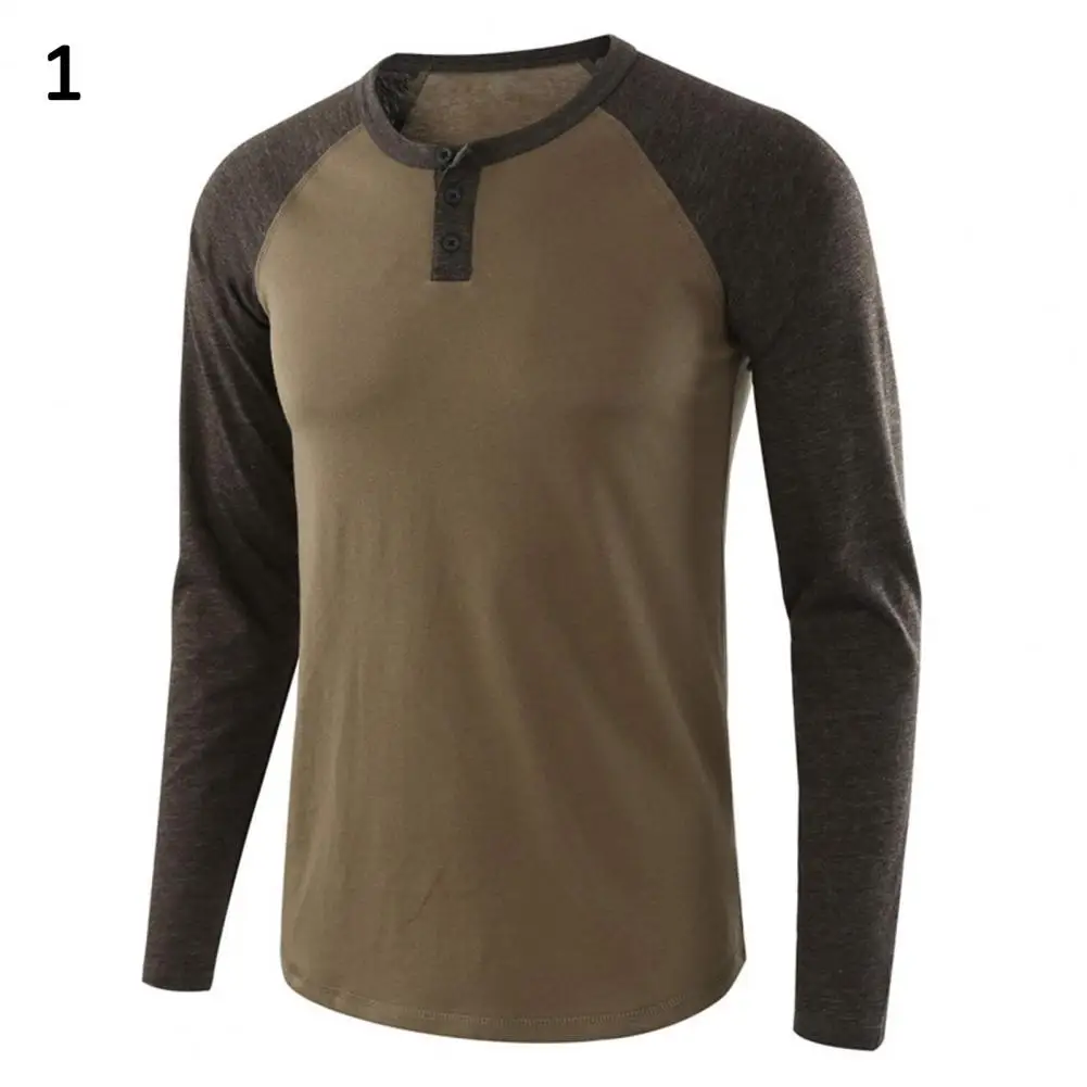 80% HOT Casual Men\'s Long-sleeved T-shirt Autumn O-neck Long Raglan Sleeves Color Matching T-shirt Button Pullover Tops