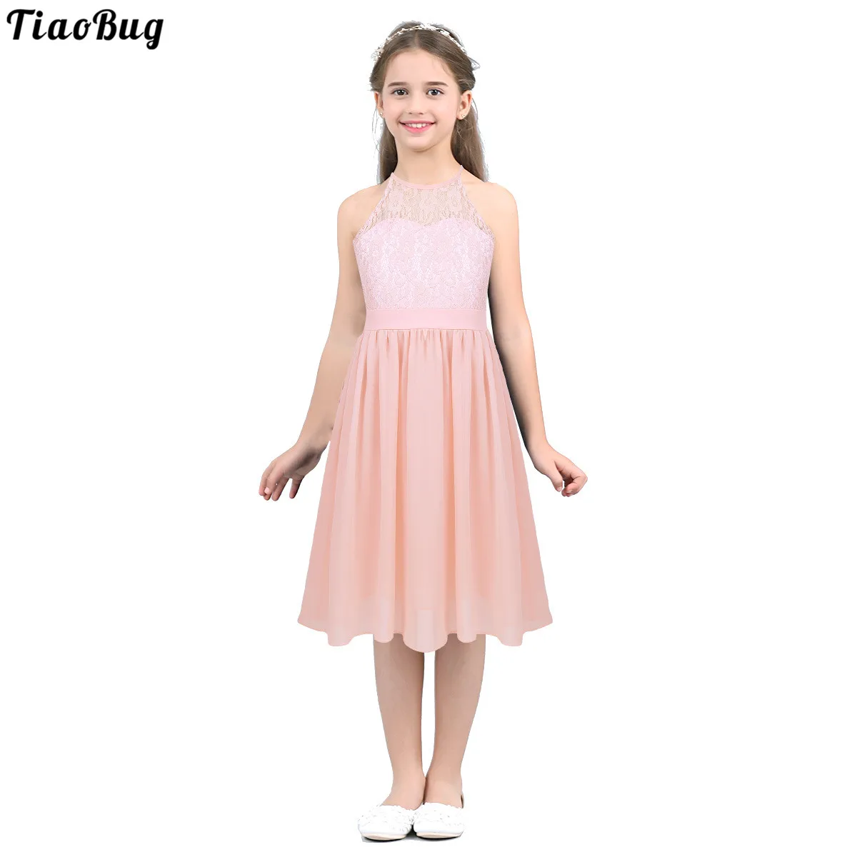 TiaoBug Summer Kids Girls Lace Chiffon Halter Neck Flower Princess Dress For Pageant Wedding Bridesmaid Birthday Party