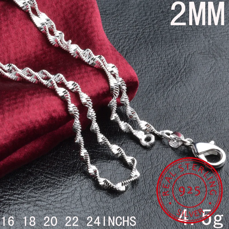 35cm-80cm Thin 925 Sterling Silver Twisted Singapore Water Wave Chain Link Necklaces Women Girls Kids Child Jewelry Kolye 16-24