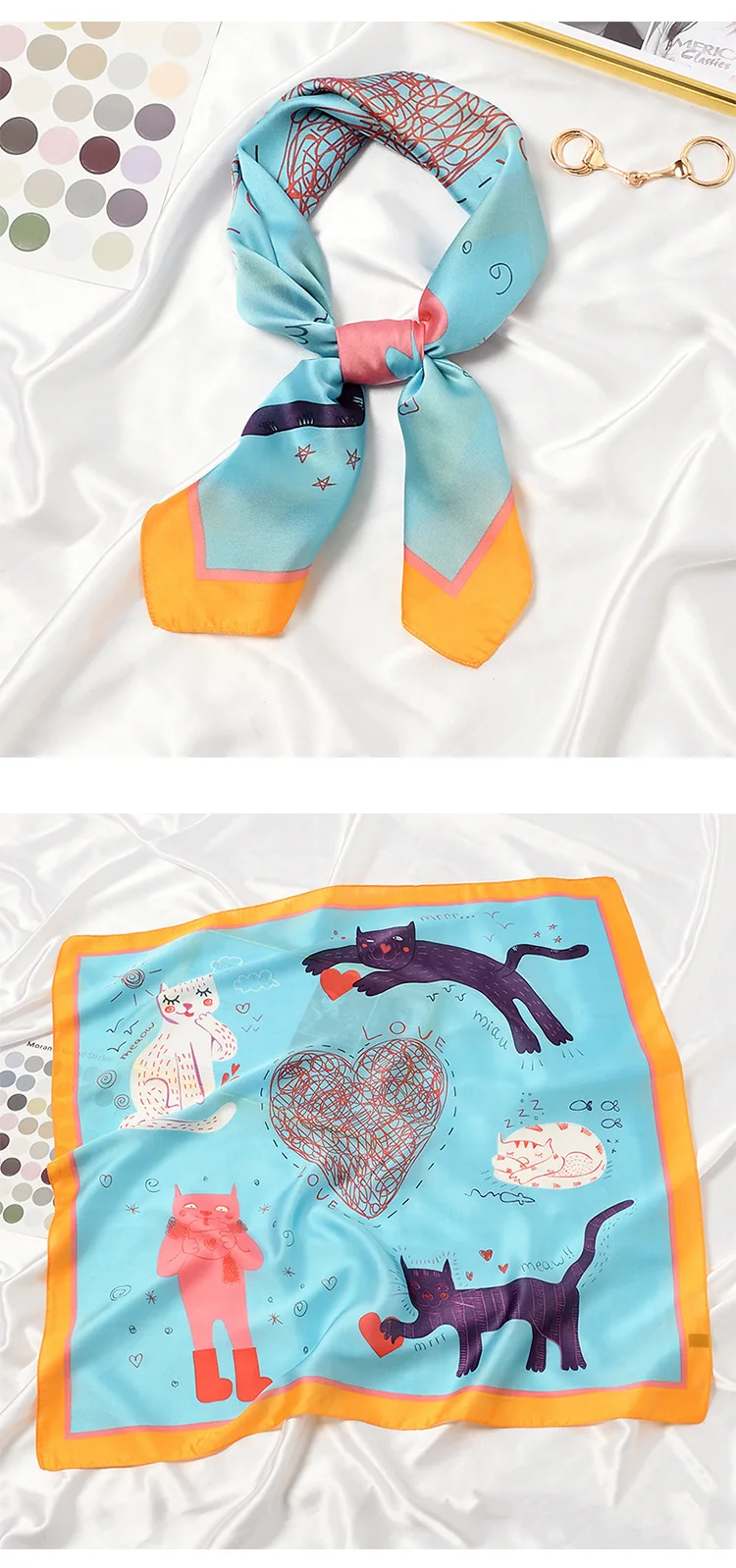 2021 Love Cats Print Square Scarf Women Bandana Hairband Lady Head Wraps Female Shawl Fashion Animals Pattern Neckerchief