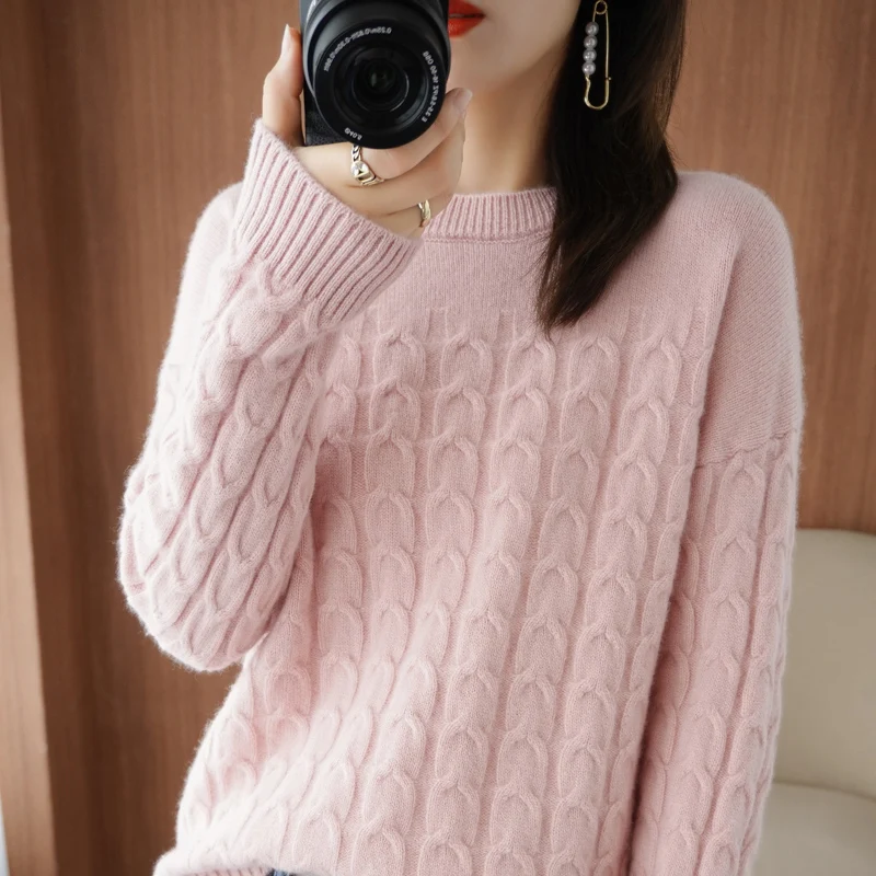 100% Pure Wool Cashmere Sweater Autumn/Winter 2021 Women\'s O-Neck Pullover Twist Casual Knitted Top Long-Sleeved Females Jacket