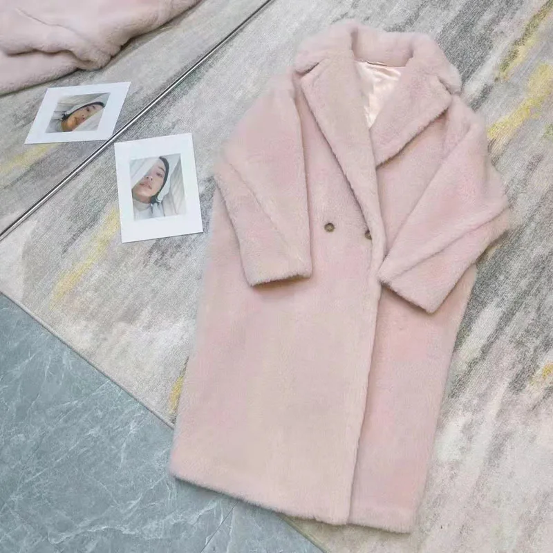 Casaco feminino casaco de inverno urso de pelúcia estilo real lã de ovelha jaqueta turn-down colarinho longo comprimento grosso quente roupas