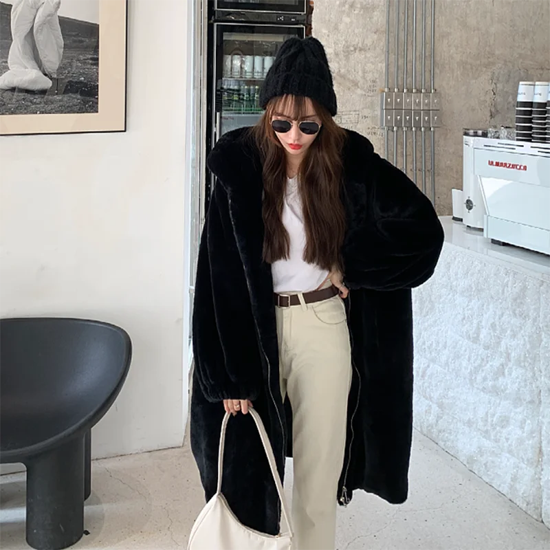 Autumn New Fashion Long Drawstring Hooded Thicken Faux Rabbit Fur Coat Women Winter Korean Loose Casual Warm Outerwear Female