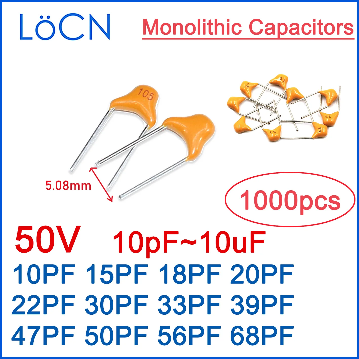 MLCC Monolithic Ceramic Capacitor CT4 5.08MM 50V 10% 10PF 15PF 18PF 20PF 22PF 30PF 33PF 39PF 47PF 50PF 56PF 68PF LoCN 1000pcs