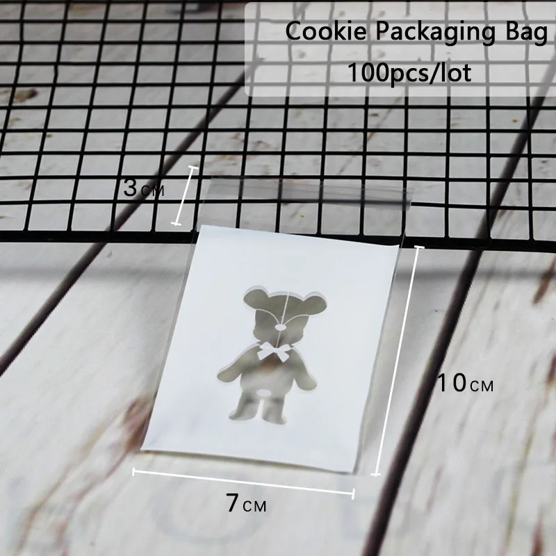 50pcs Cartoon Transparent Bear White Frosted Cellophane Plastic Self-Stick Packaging For Biscuits Homemade DIY Cookie Candy Wrap