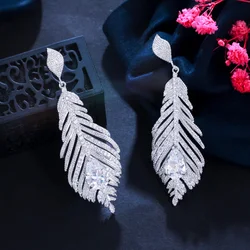 CWWZircons 2023 Trend Designer Cubic Zirconia Long Dangle Feather Earrings for Women Engagement Party Wedding Jewelry Gift CZ977