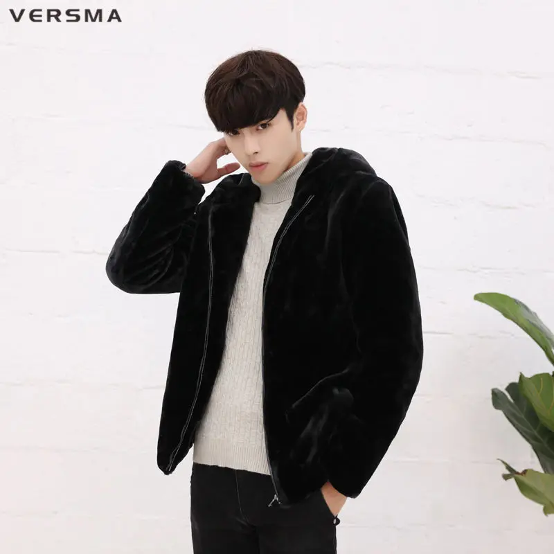 VERSMA Korean Style Clothing Men Slim Fit Faux Fur Fabric Jackat Coat Thick Velvet Youth Russian Winter Coats Men Dropshipping